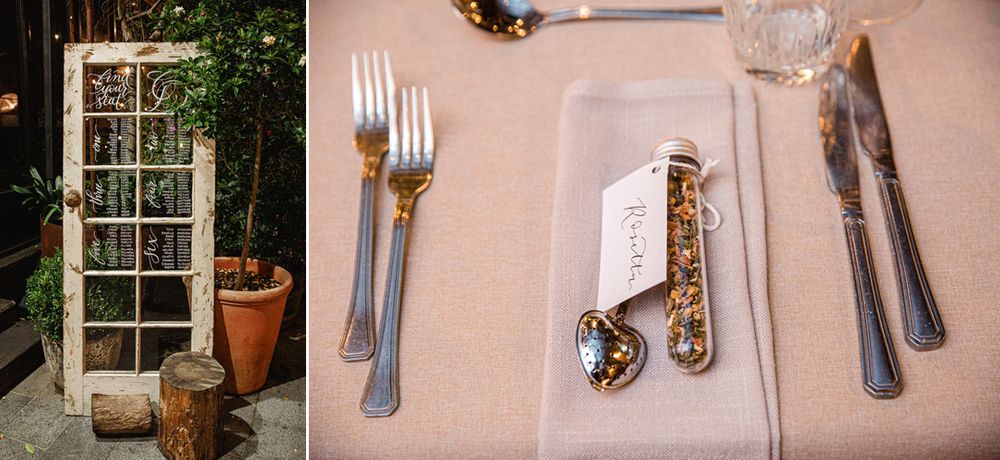 Close-up details of place settings with silverware on blush tablecloths.