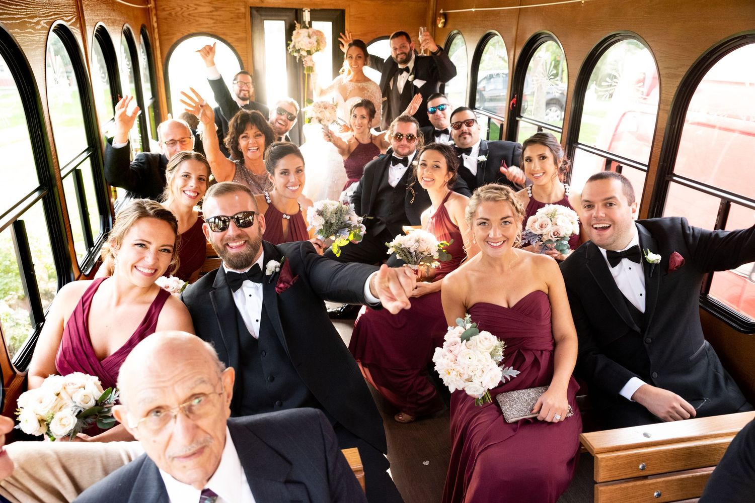 Bridal Party on the wedding trolley in Portsmouth NH with Leah Ramuglia Photography