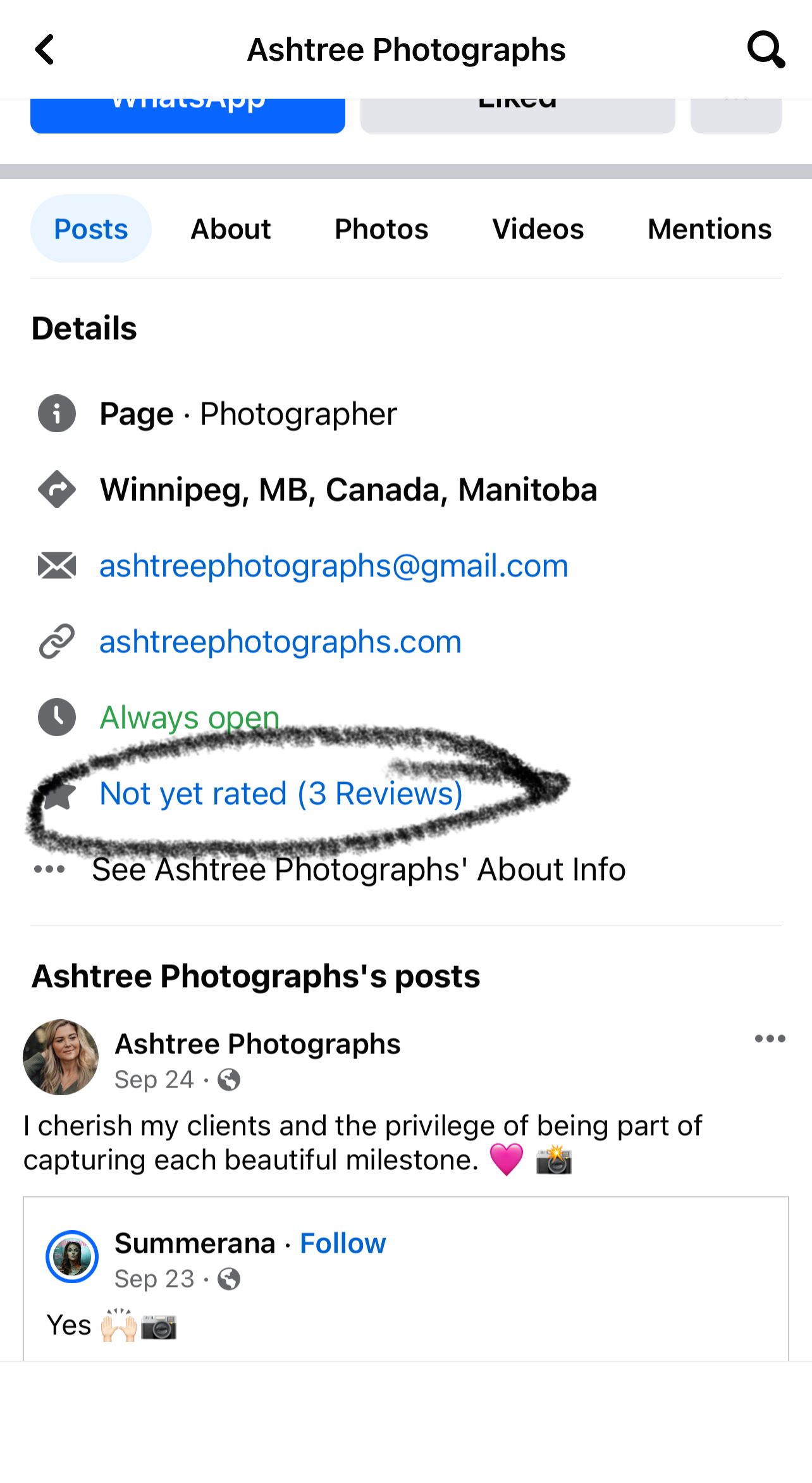 Facebook page details for Ashtree Photographs in Winnipeg showing contact info and 3 reviews.