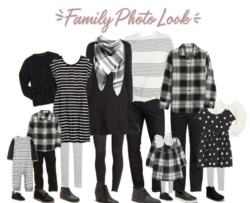 Black and white family outfit guide with plaid, stripes and coordinated casual wear.