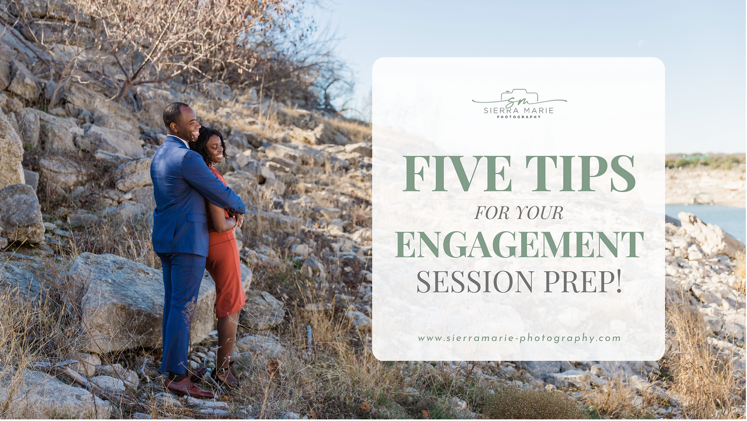 Couple on rocky beach engagement blog banner