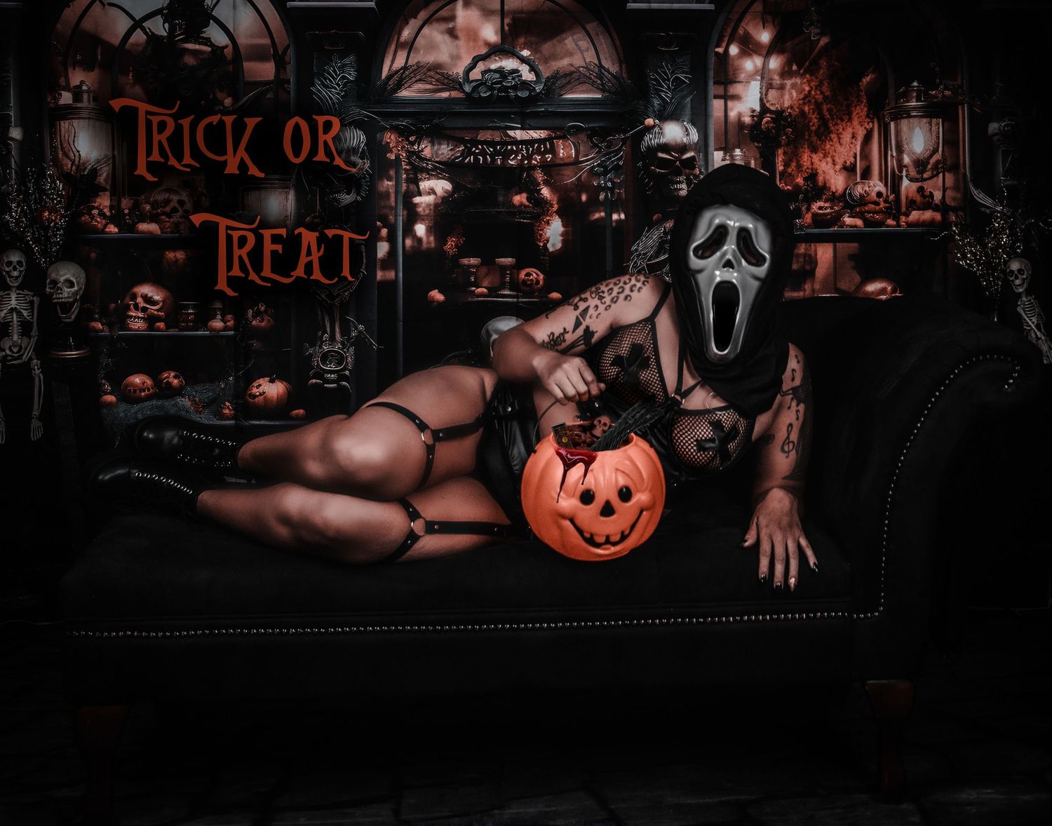 Halloween themed boudoir photo with Ghostface mask and pumpkin in dark setting.