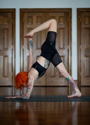Sequence of yoga headstand poses on a dark wooden floor.