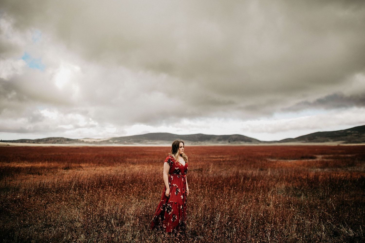Woman in flowing red dress stands in dramatic field under stormy sky.