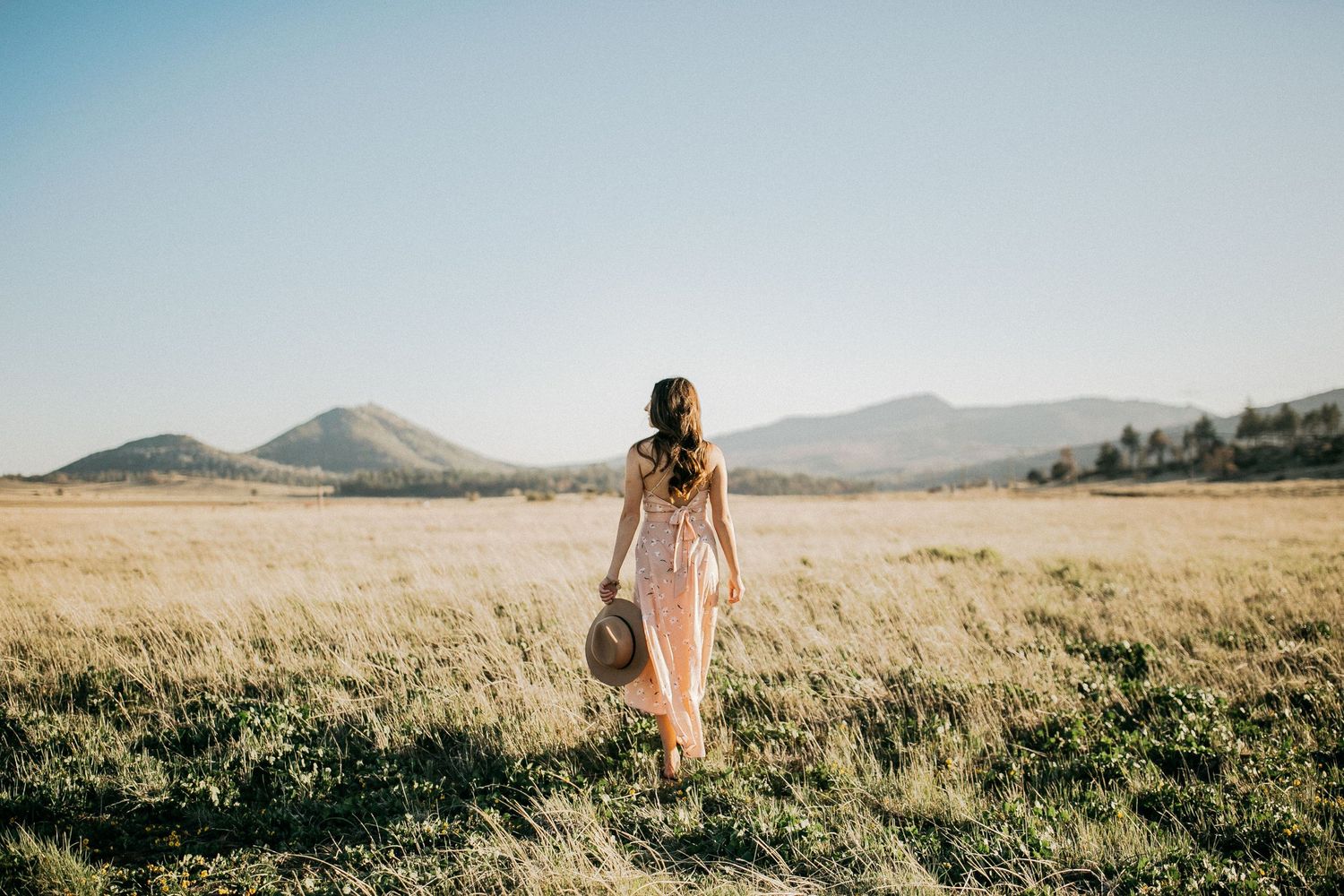 Person in flowy dress walking through golden grass with mountains in background during sunset.