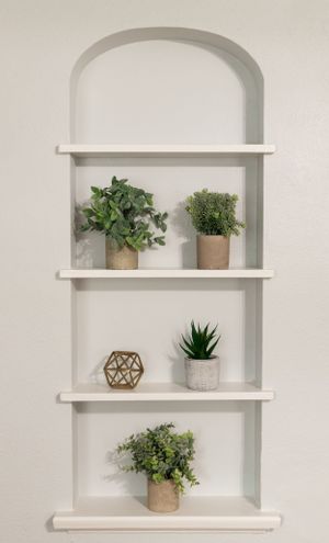 White arched alcove with floating shelves displaying potted plants and decorative items.