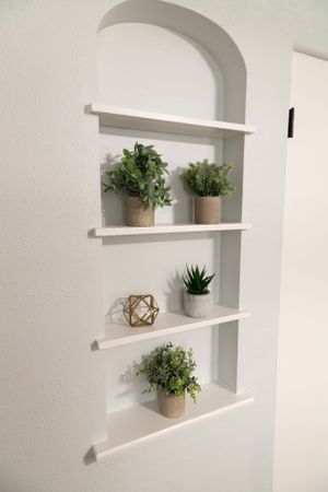 Modern white built-in wall shelves with decorative plants and geometric decor in a minimalist setting.