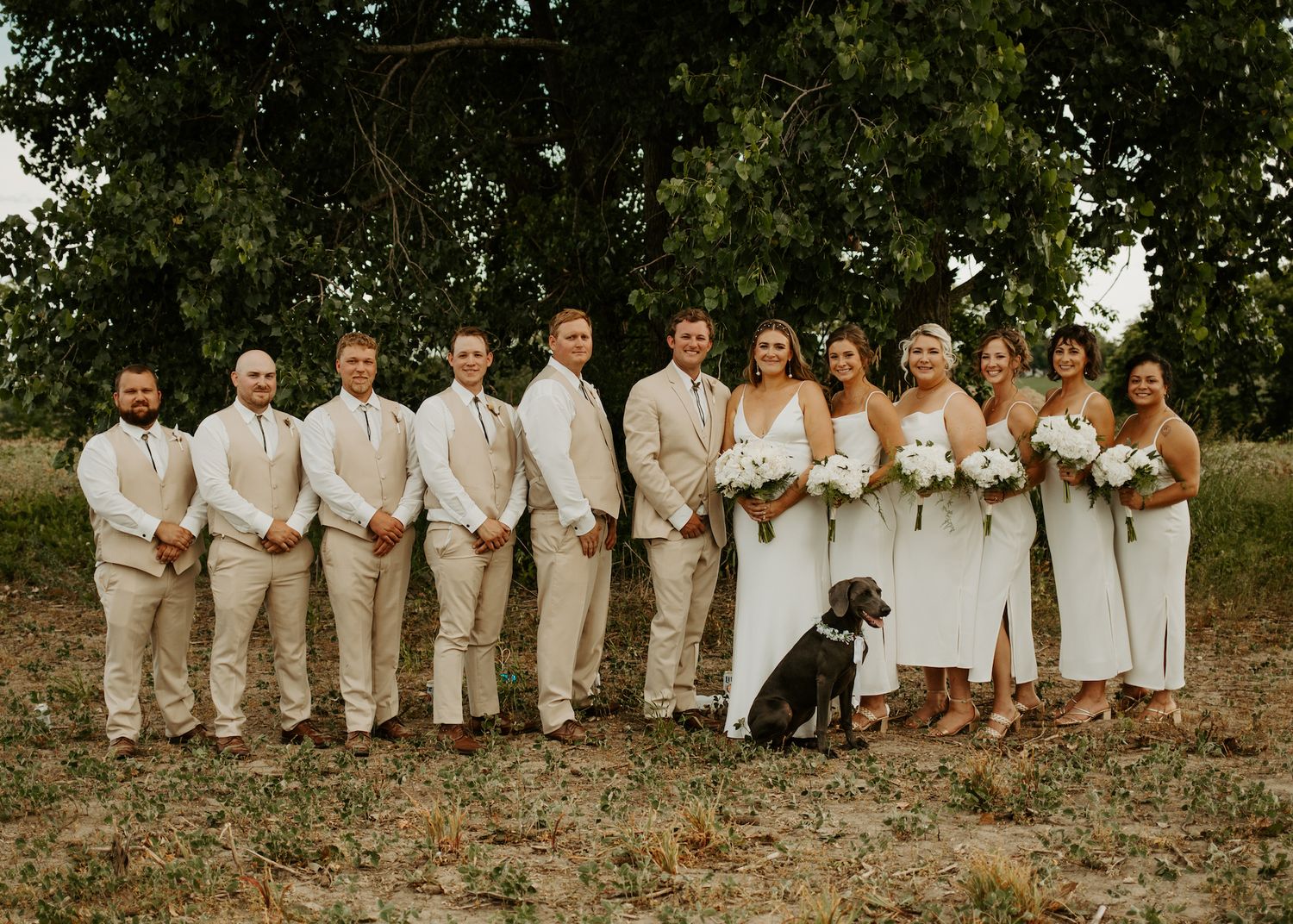 Complete wedding party with groomsmen in beige and bridesmaids in white pose with a black dog outdoors.