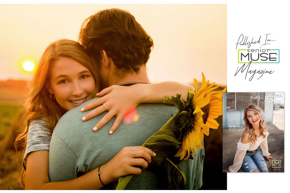 Series of golden hour portraits with sunflowers and natural lighting effects.