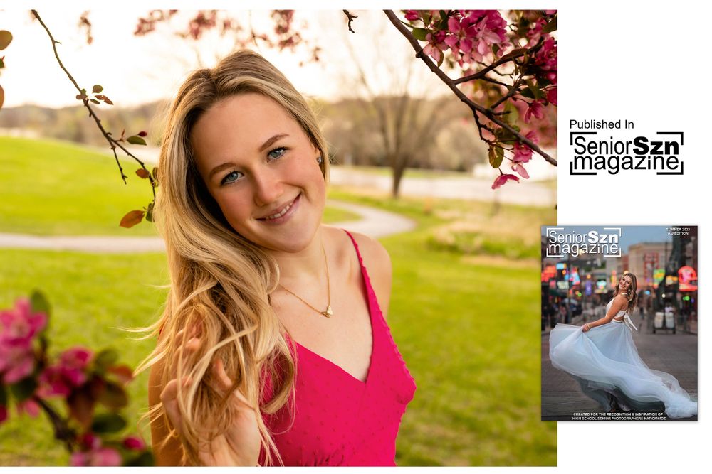 Portrait session in a vibrant outdoor setting with pink blossoms and natural lighting.
