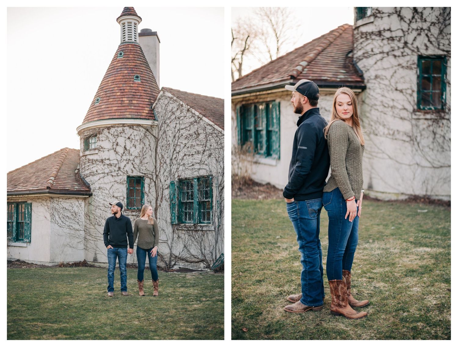 collage of engaged couple holding hands and looking away from each other, photo of them back to back