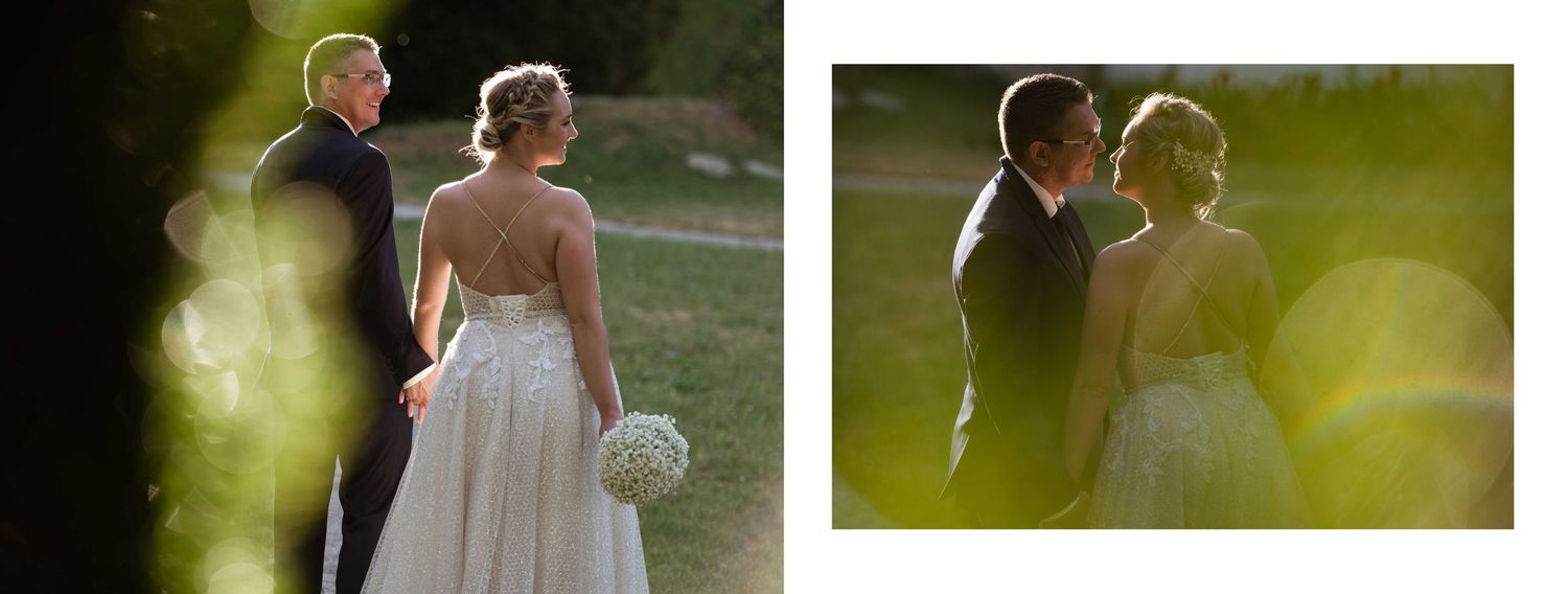 Romantic wedding couple portraits taken in golden outdoor sunset lighting.