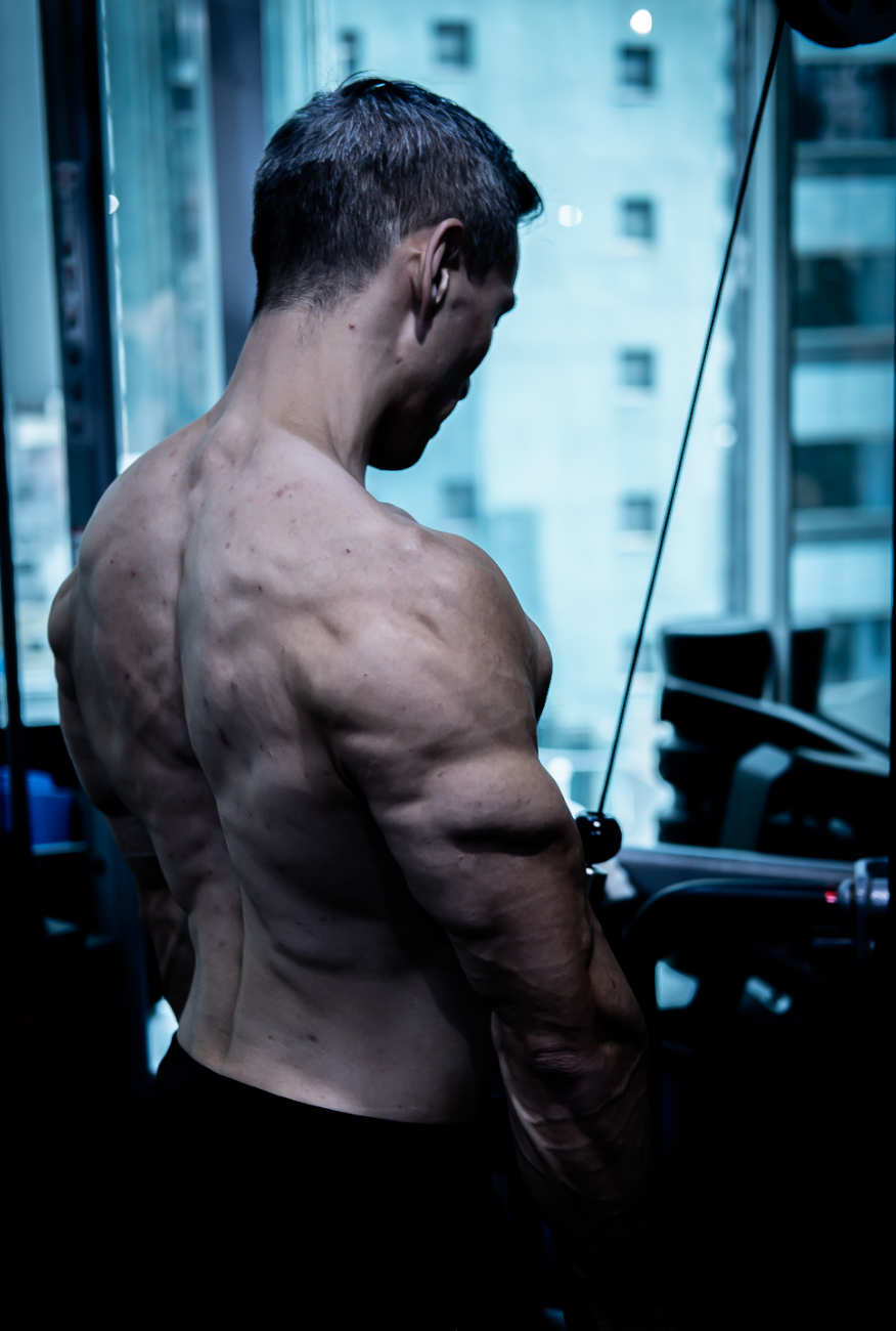 Muscular shirtless man performing cable exercises showing defined back muscles in a gym.