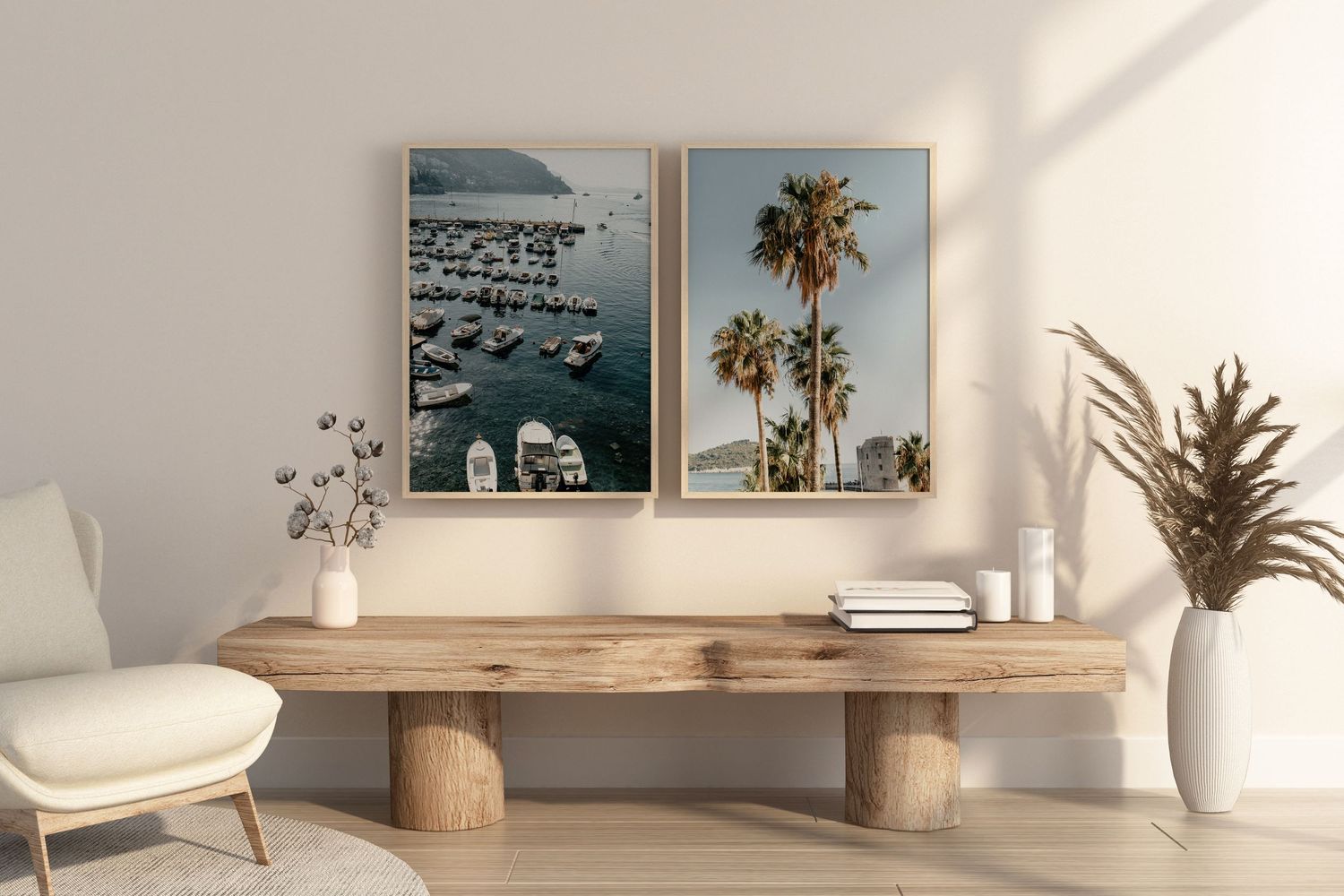Minimalist living room with coastal artwork, wooden bench, and natural decor elements.