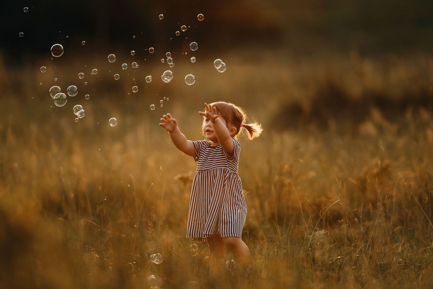 Small figure plays with bubbles in a sunlit meadow during golden hour.