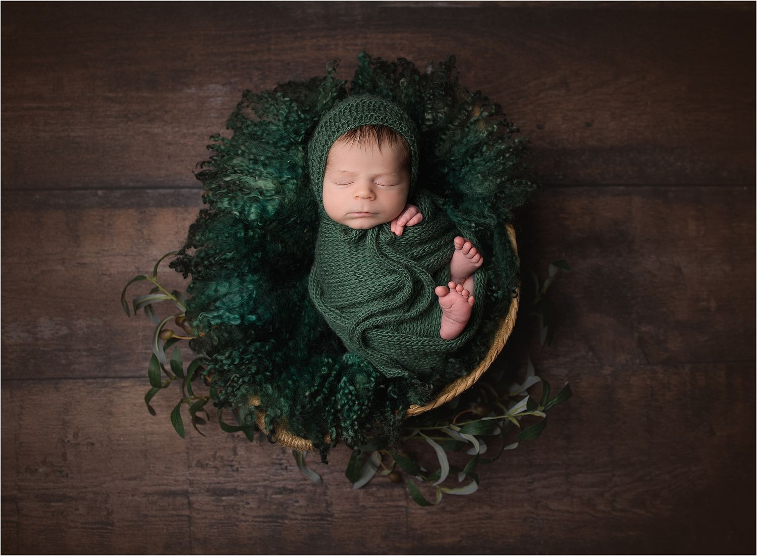 BAby M's austin newborn session  in green swaddle in basket with olive leaves and branches by Valerie Kay Photography
