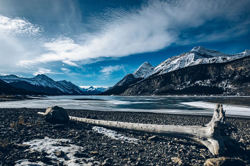 Frozen mountain lake landscape with driftwood and snow-capped peaks under blue winter sky.
