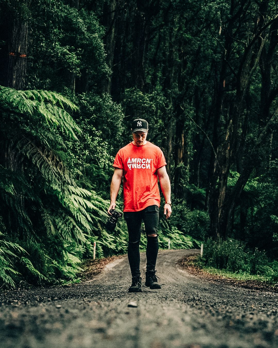 Person in red t-shirt walking on a scenic forest trail surrounded by lush green ferns and trees.