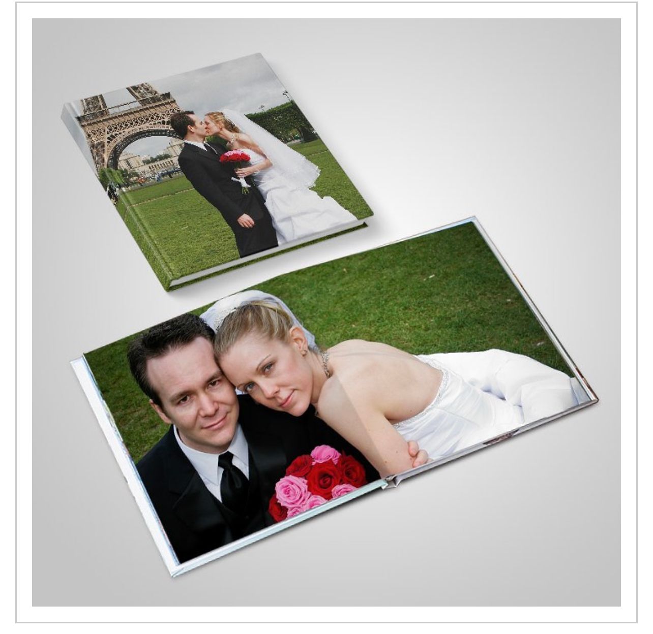 Two wedding photo books featuring bride and groom portraits near the Eiffel Tower in Paris.