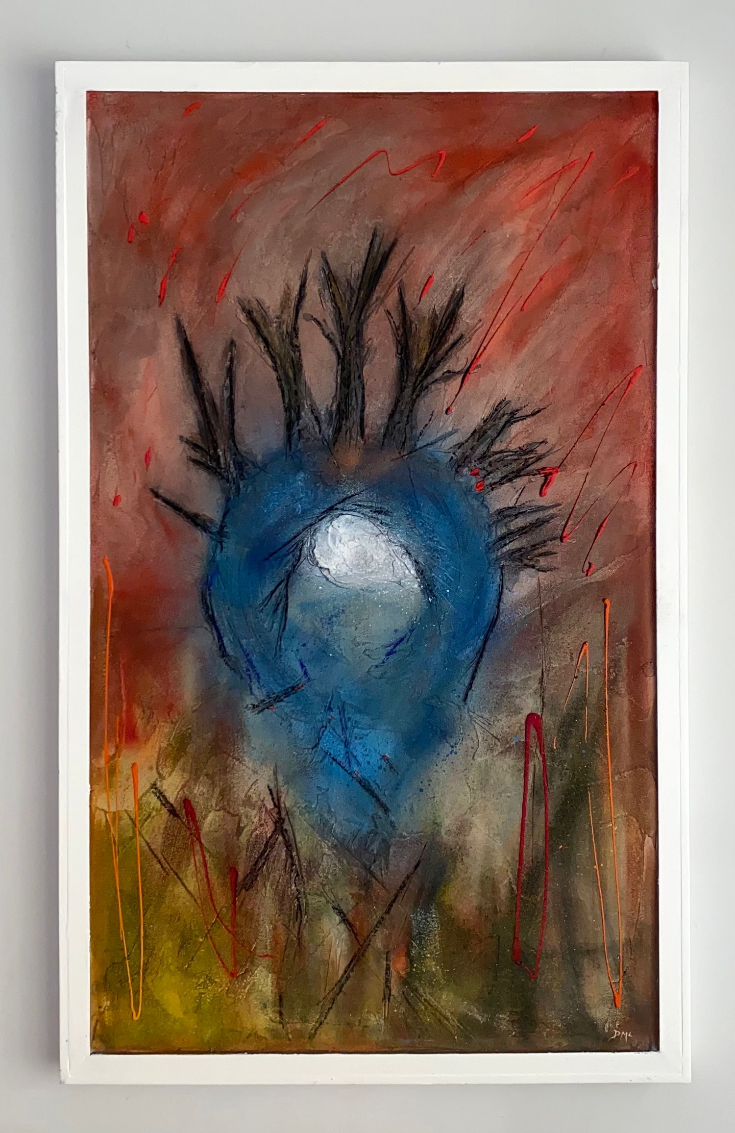 Heart 2, mixed media painting on canvas. Blue heart on a red, gashed background.