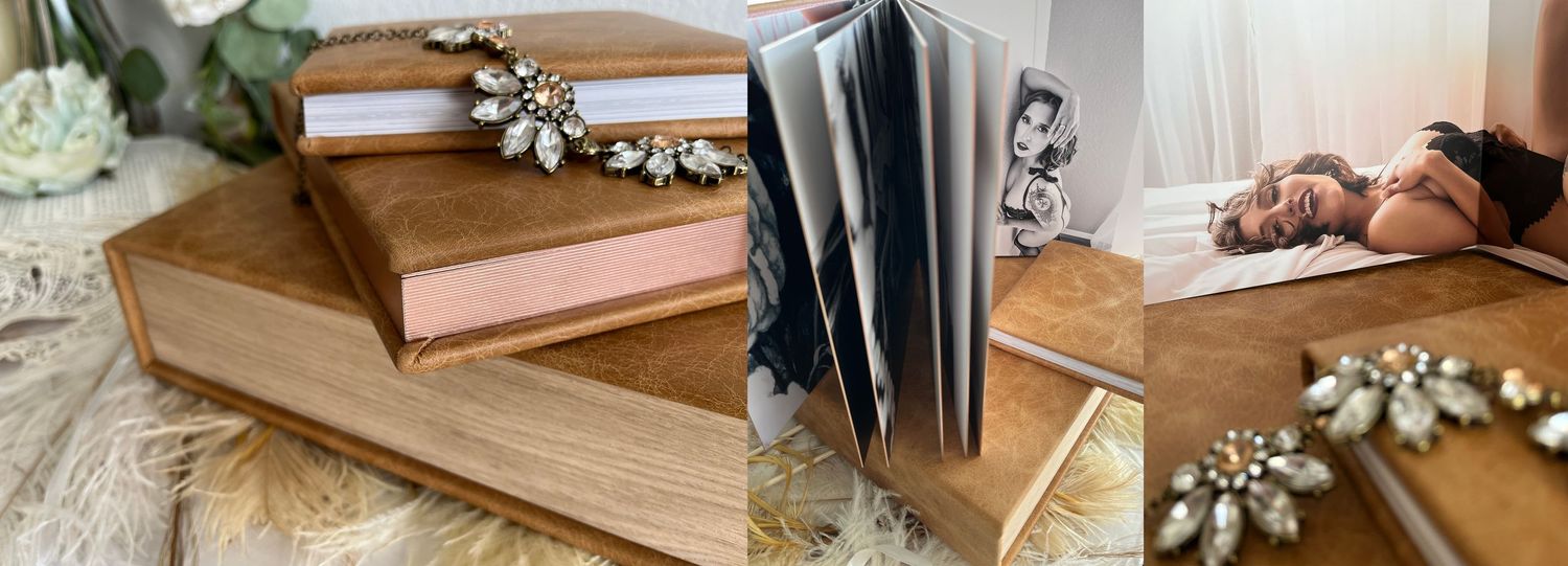 Carmel Leather Cover Material with pink gilding example showing gorgeous boudoir photos Colorado Springs