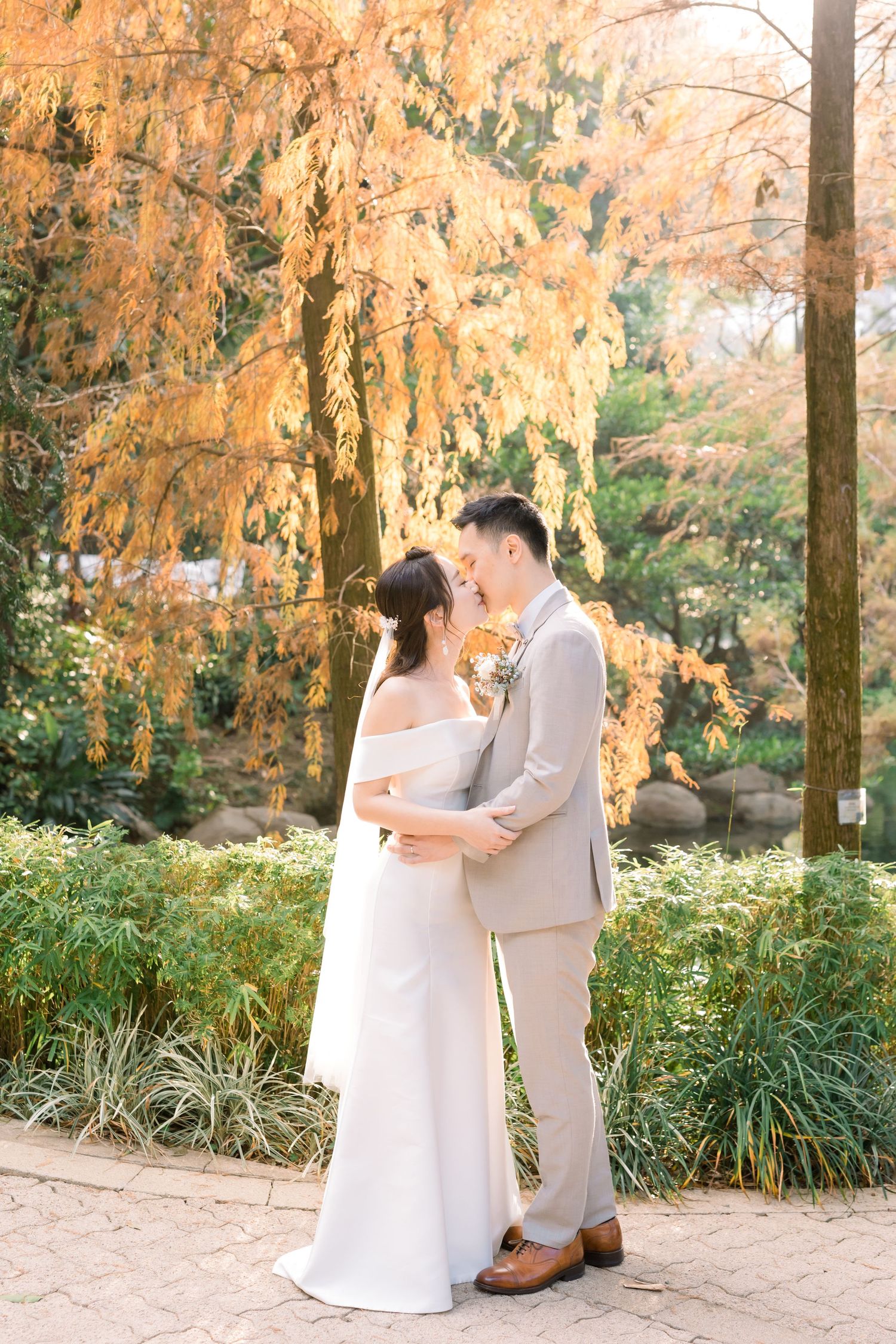 A romantic autumn wedding portrait beneath golden cypress trees.