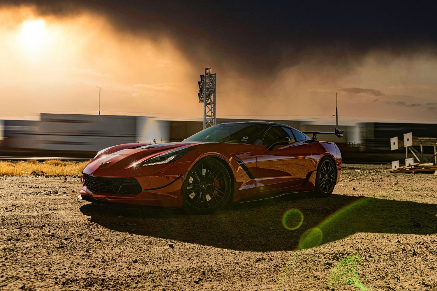 corvette, train track, dust storm,Corvette owner portrait session, Editorial vintage car photography