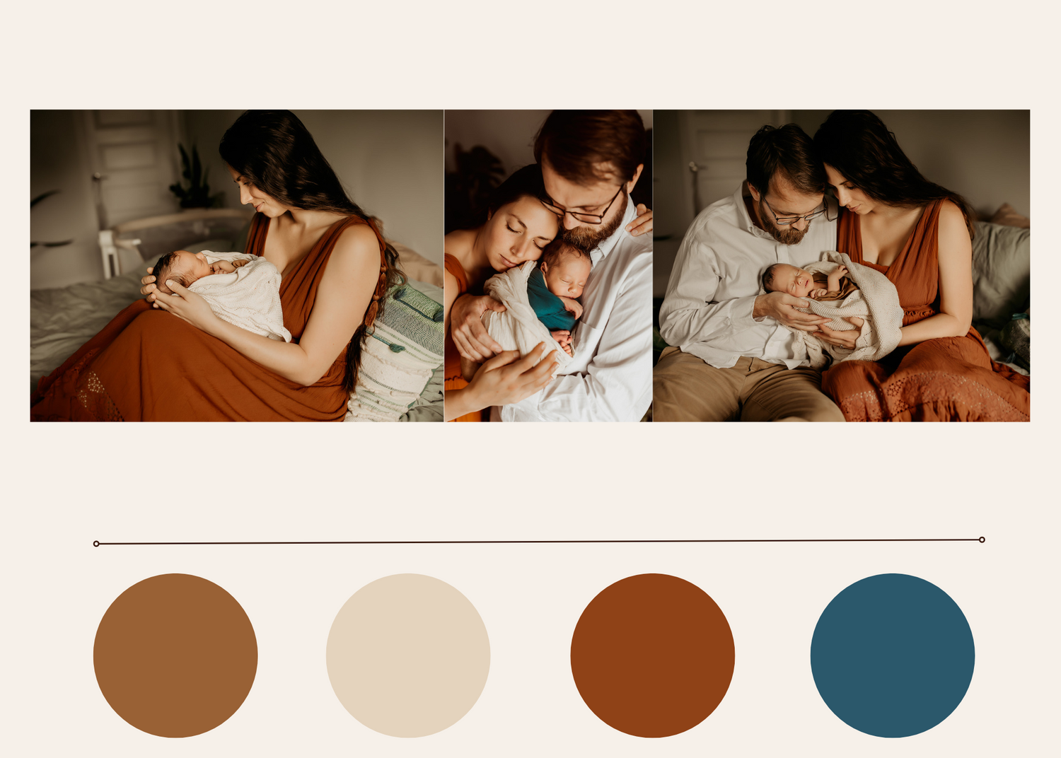A color palette display with newborn session images wearing the colors displayed.