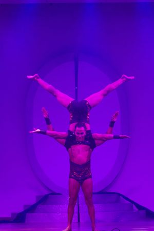 Aerial performers execute synchronized moves on stage under vibrant purple lighting.