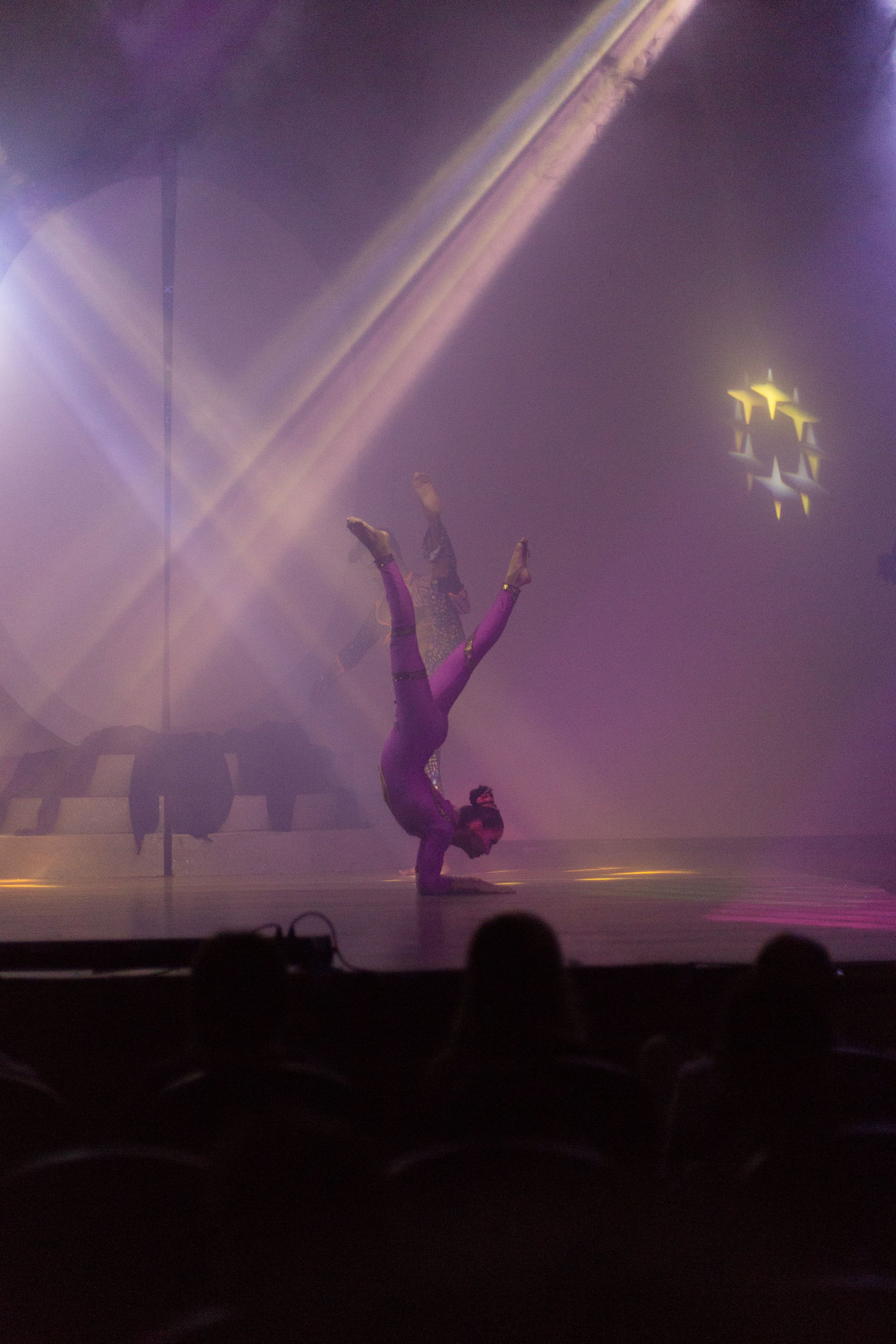 Dramatic silhouettes of performers against purple stage lighting during theatrical show.
