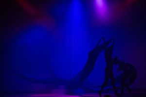 Dancers create dramatic silhouettes against deep blue stage lighting during a performance.