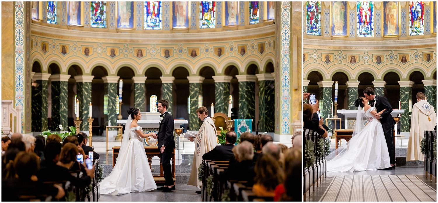 Traditional church wedding ceremony taking place beneath stunning Gothic arches and stained glass.