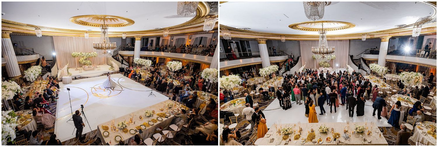 Elegant wedding reception in circular ballroom filled with guests and dramatic lighting.