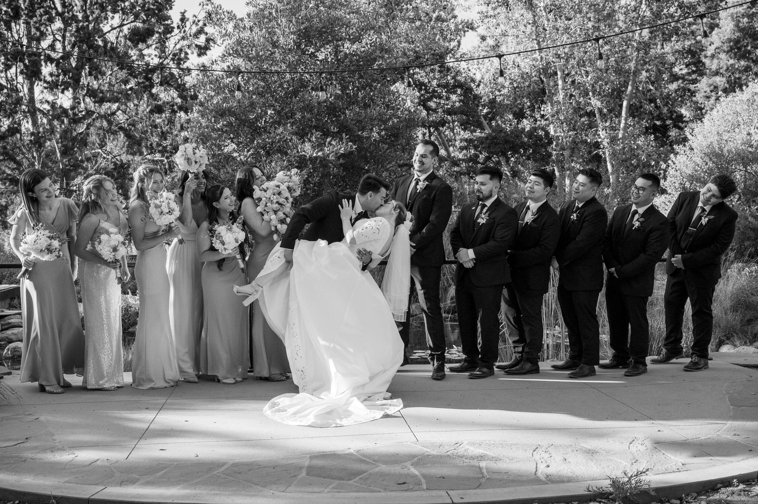 Black and white wedding party photo with bridal party lined up outdoors.