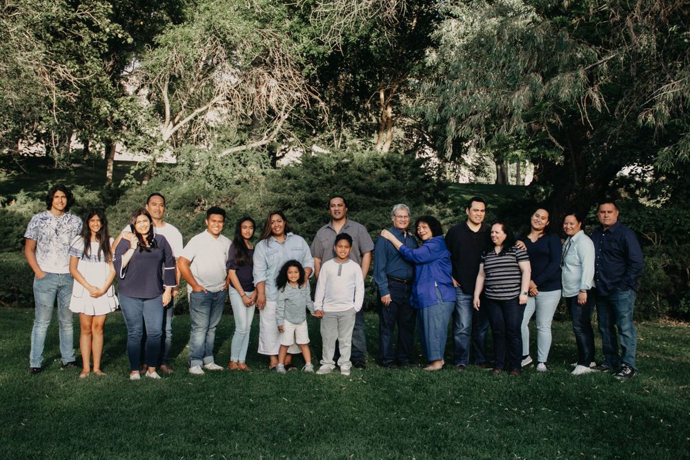 Large extended family portrait gathered outdoors in a lush green park setting.