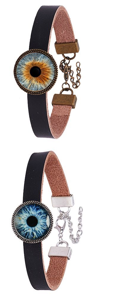 Vintage-style leather bracelets with iris eye design in bronze and silver finishes.