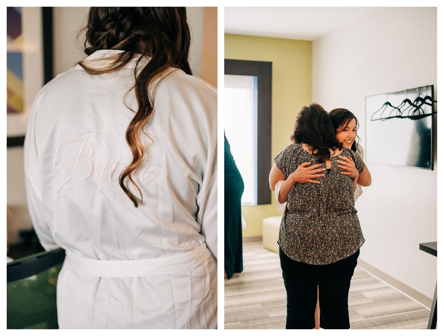 back of bride's robe says "bride," bride hugging future mother-in-law