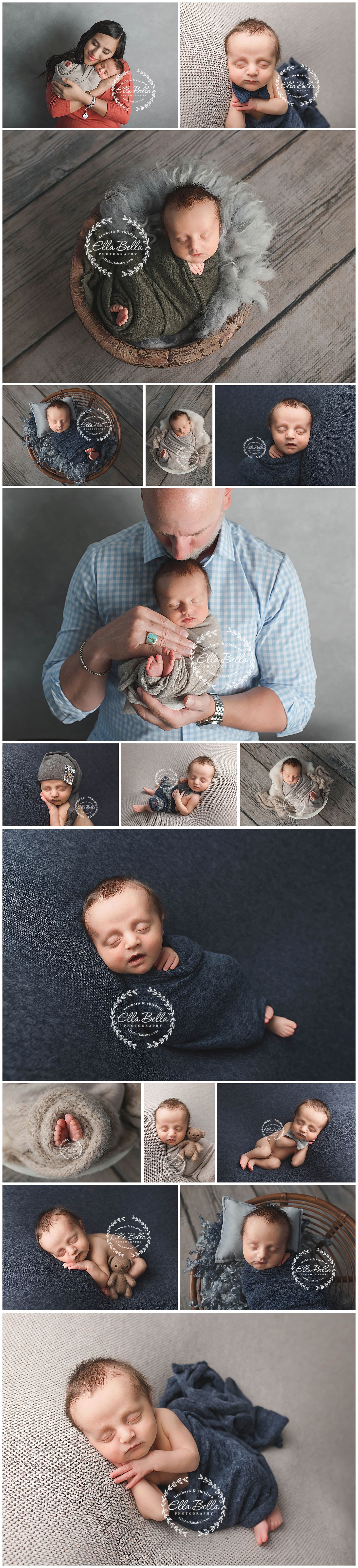 Professional newborn photo collage showing baby in various sleeping poses and outfits.