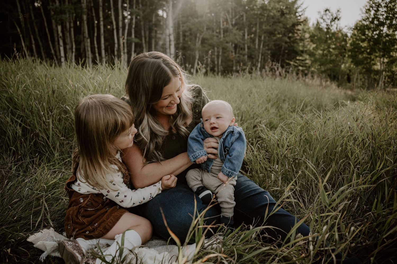 A tender family moment captured in a sunlit meadow surrounded by aspen trees.