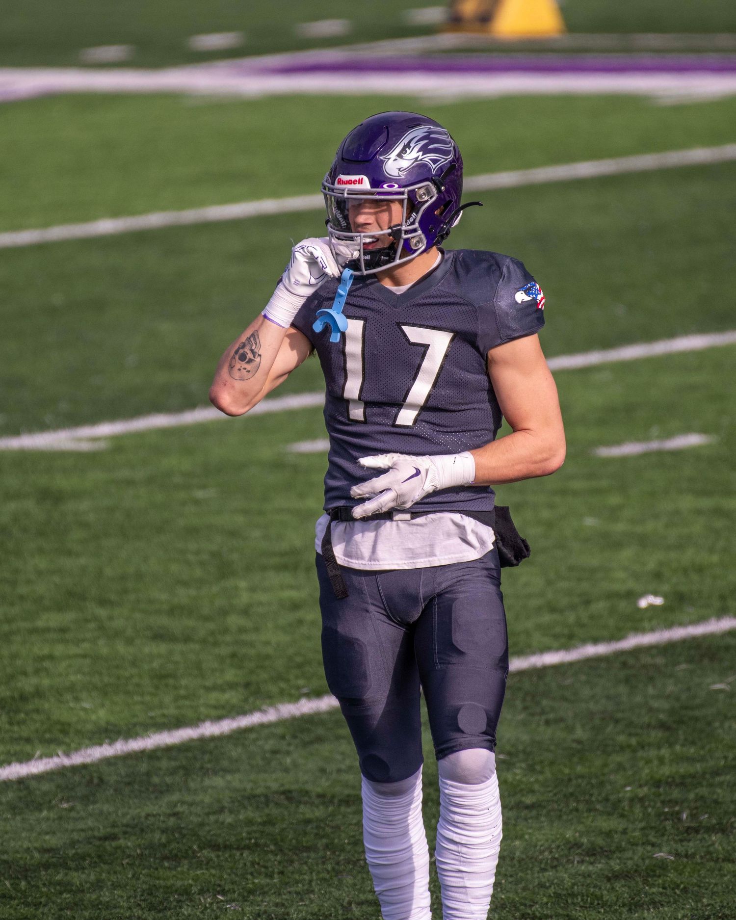 Football player in purple uniform with number 17 on field during game.
