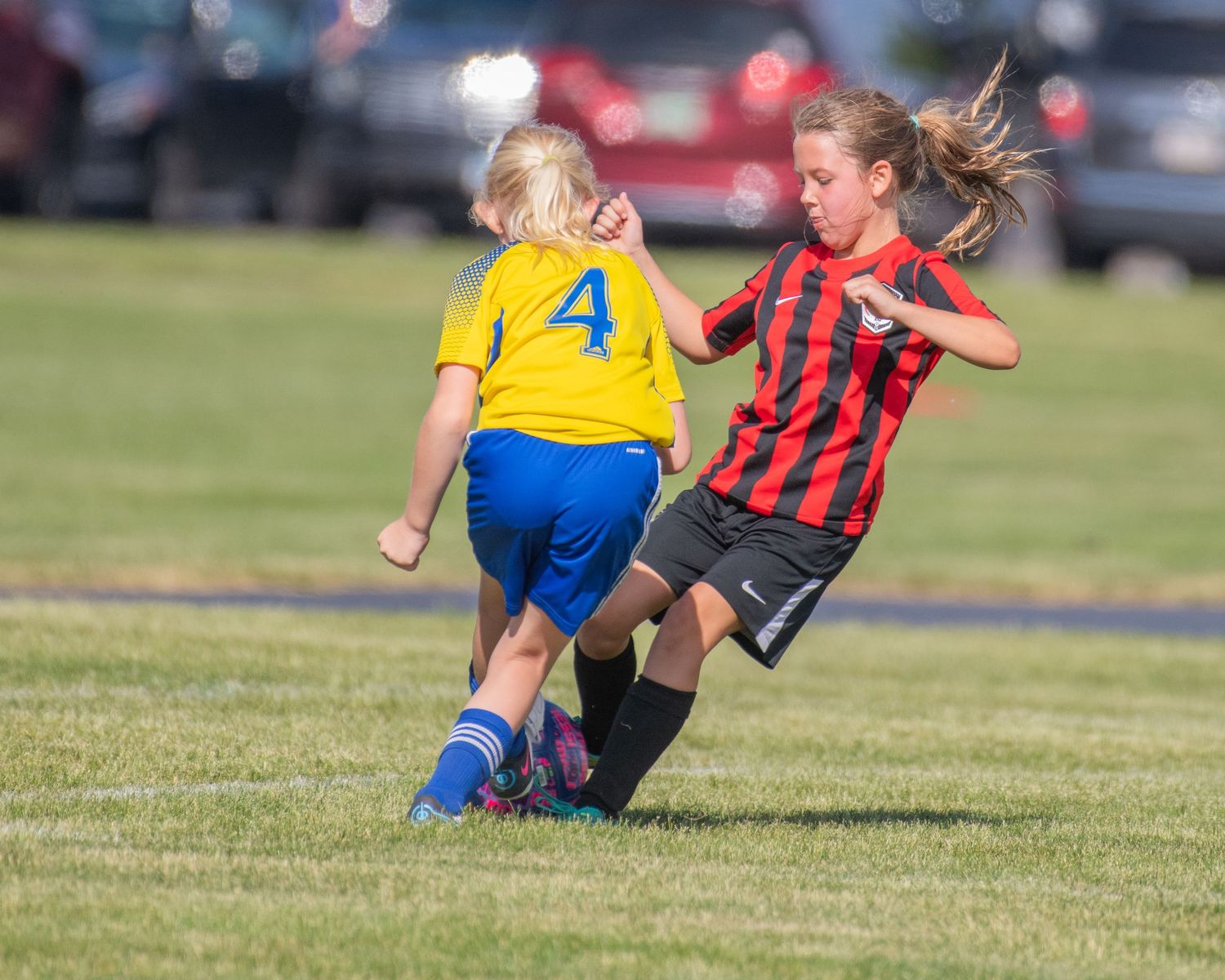 Youth soccer players competing for the ball on a sunny grass field.