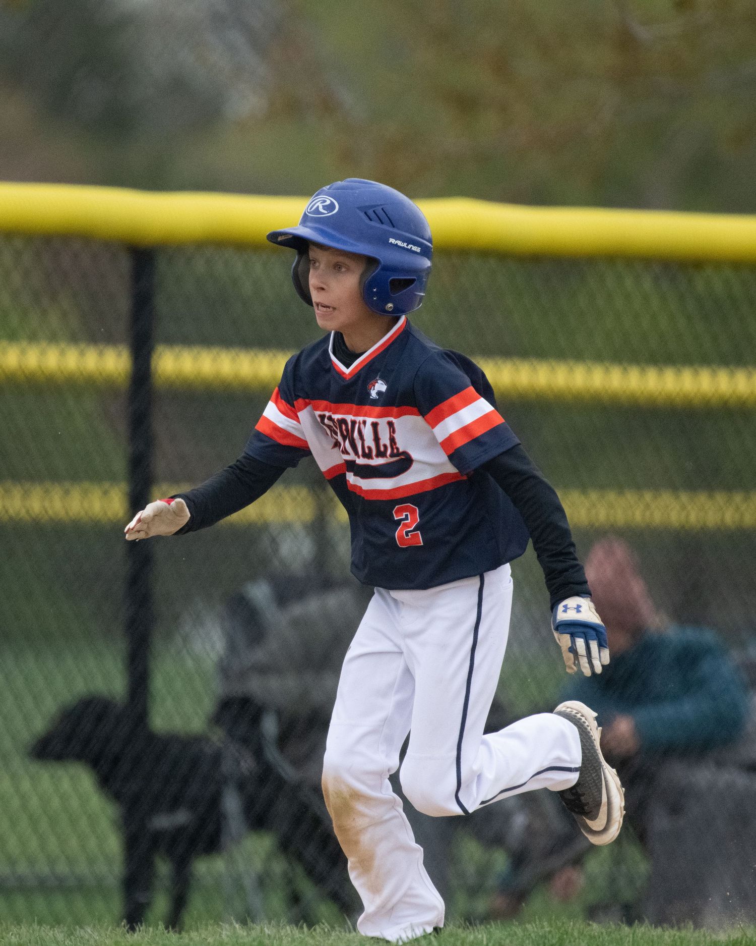 Youth baseball player in navy and white uniform running during game.