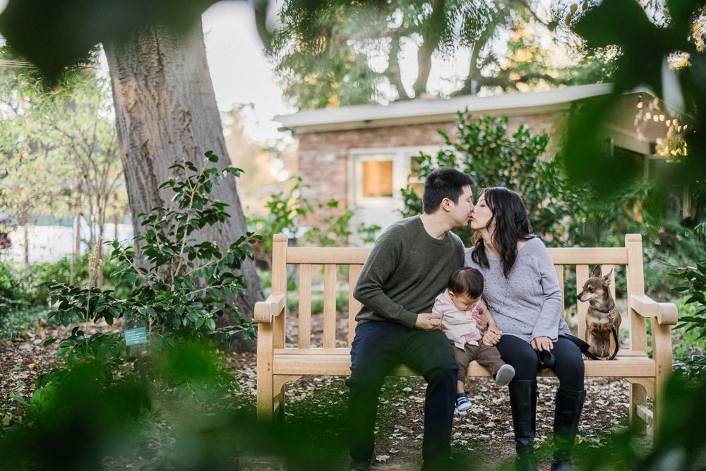 Intimate family moment on garden bench with greenery framing the scene.