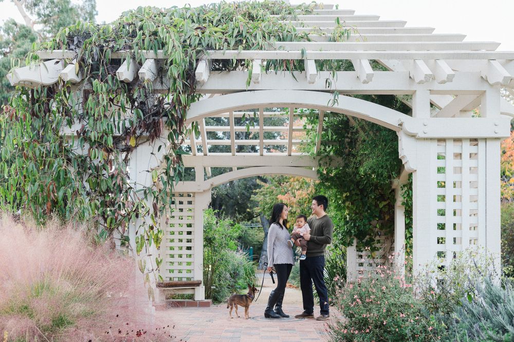 A couple stands with their dog under a white garden arbor surrounded by plants.