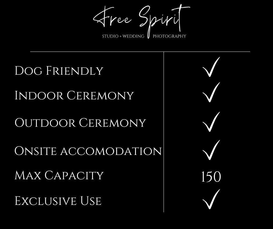 A wedding venue information board listing amenities and features including dog-friendly options and 150 person capacity.