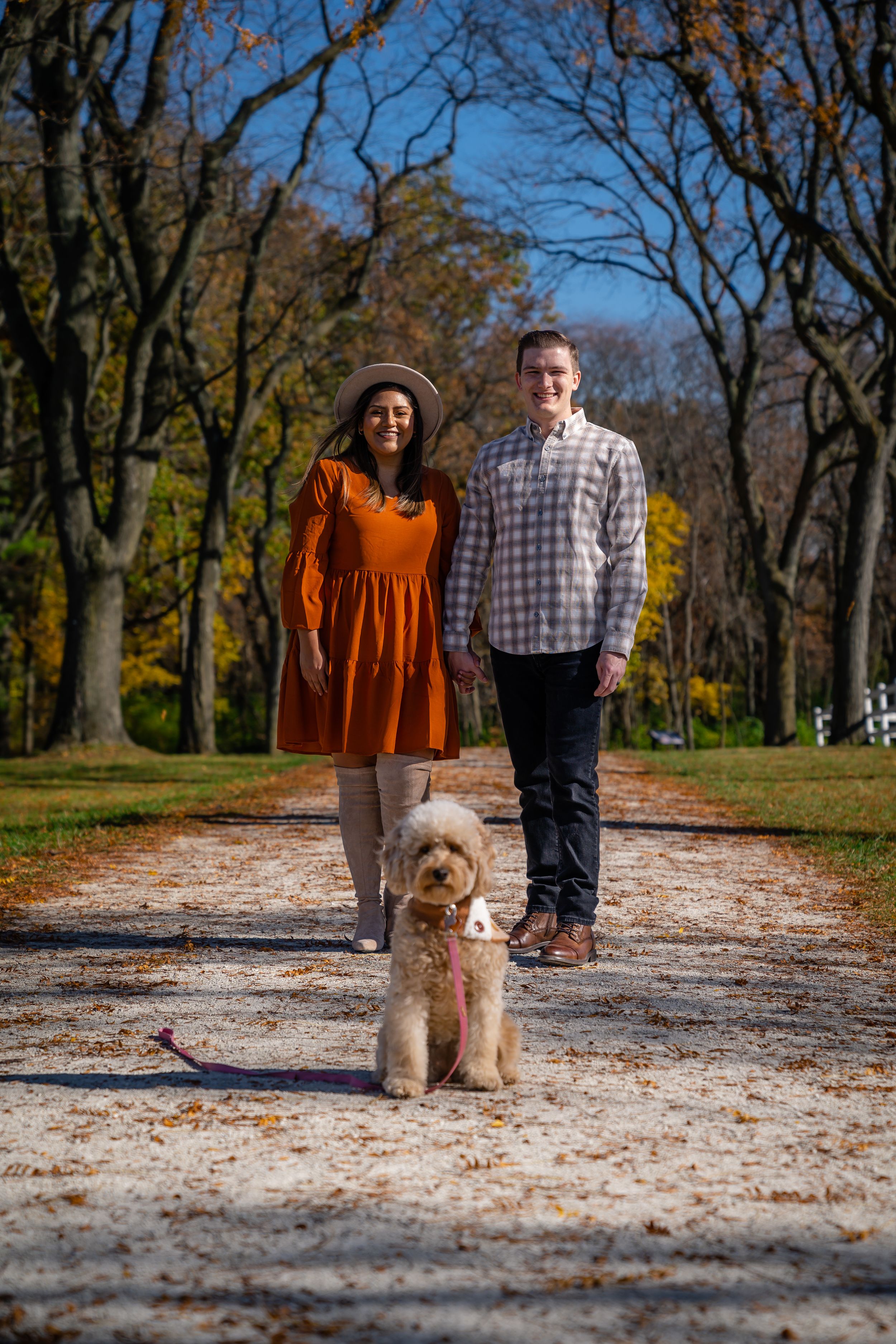 A couple and their fluffy dog pose on an autumn path lined with golden trees.