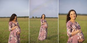 Three-panel maternity photo collage showing poses in a floral dress against an open field at sunset.