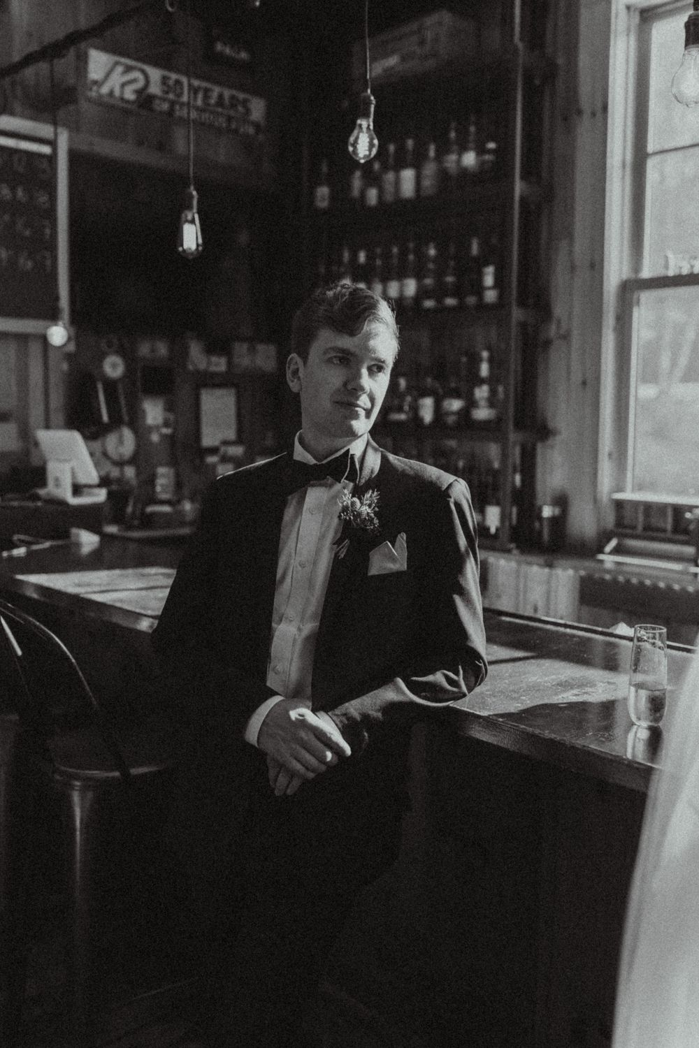 Groom at bar at Mad River Barn, Vermont
