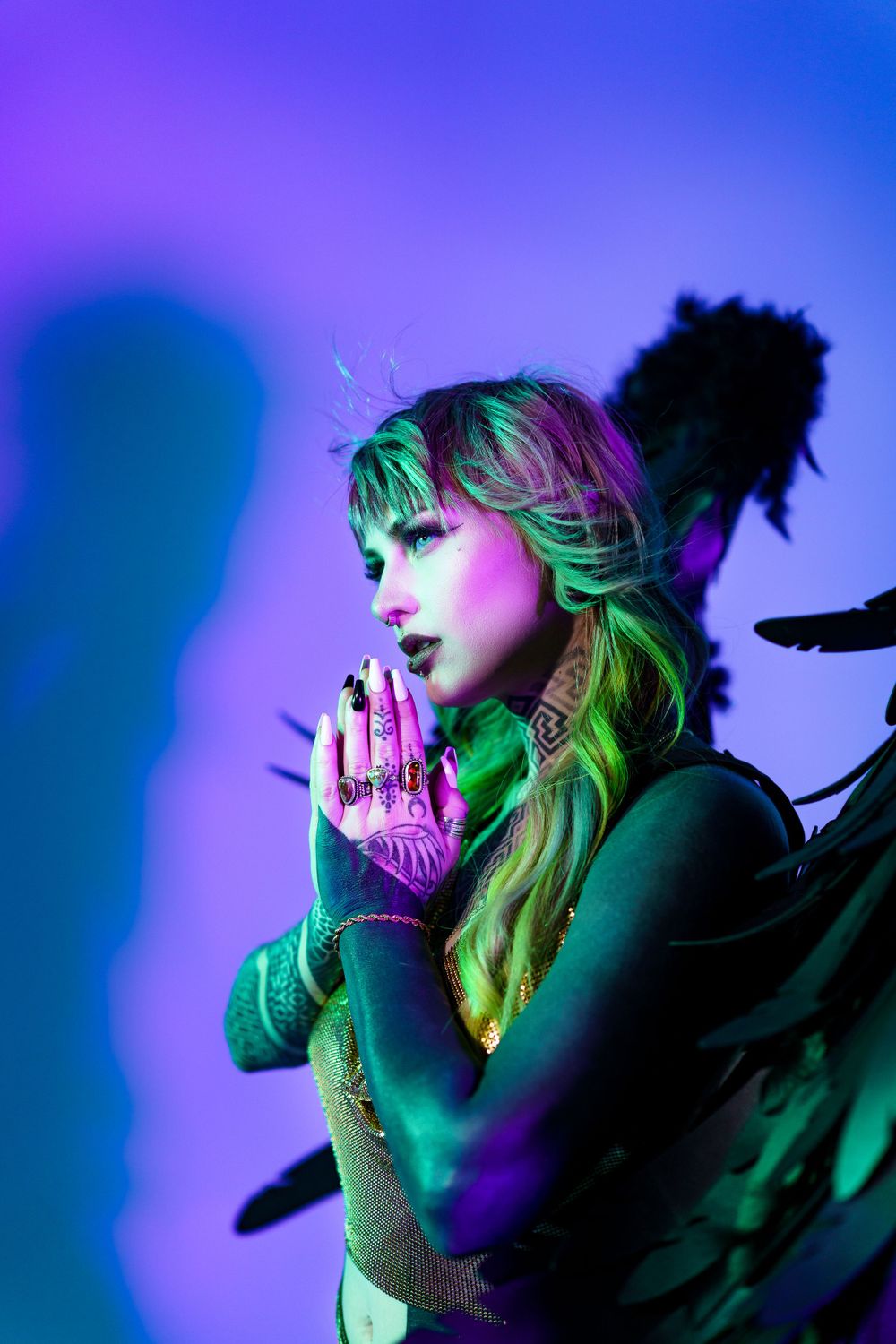 Performance shots with dramatic lighting show singer in silhouette against purple and blue backdrop.
