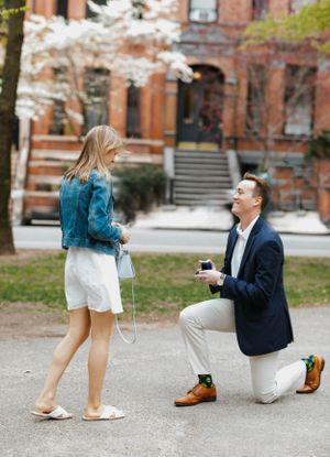 Man kneeling on one knee proposing to woman outdoors near flowering trees in spring urban setting.